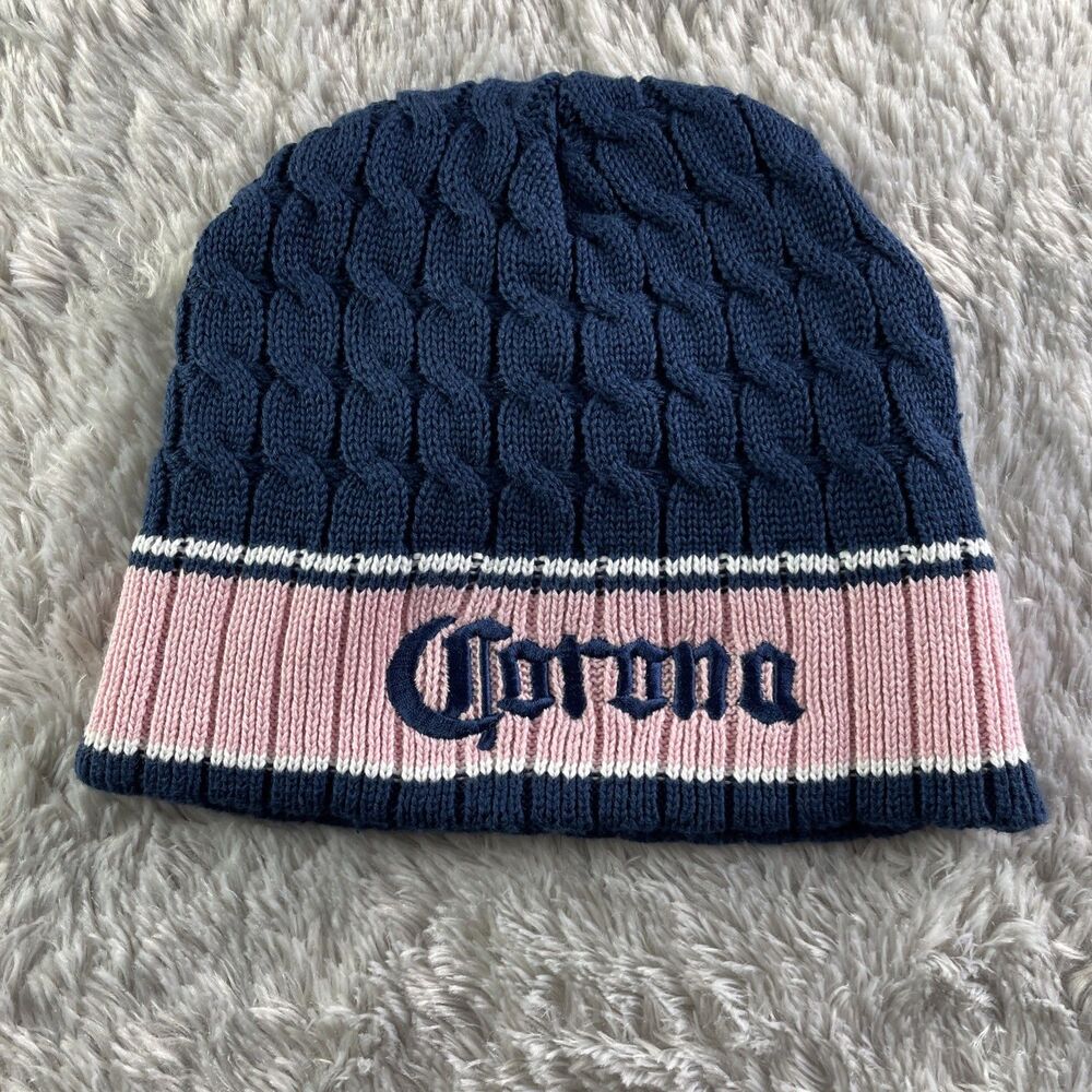 Corona Beanie Cap Womens Blue Pink White Winter Hat Mexican Beer Cable Knit